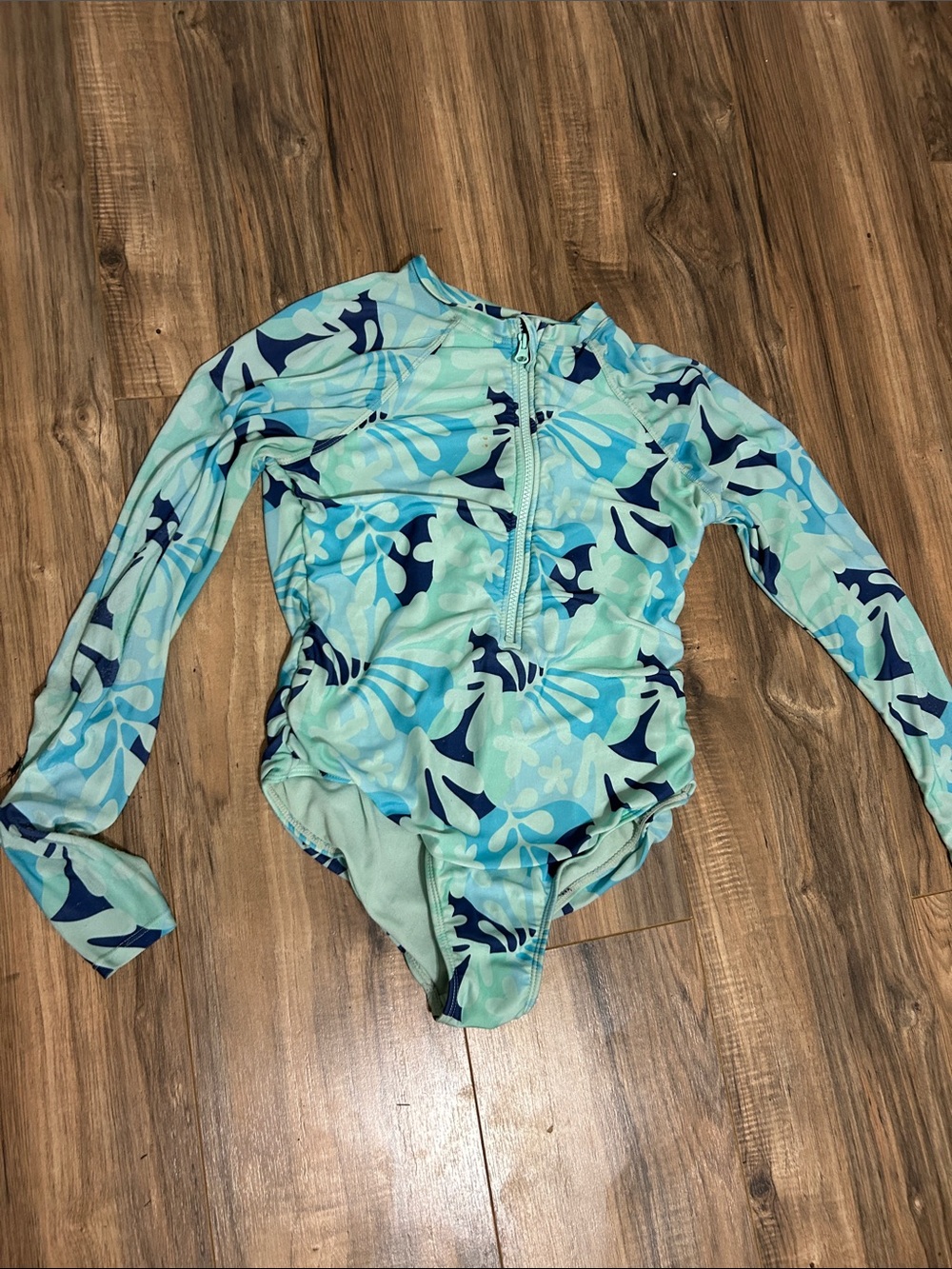 wonder nation Long-Sleeve Floral One-Piece Swimsuit - Aqua Blue & Navy